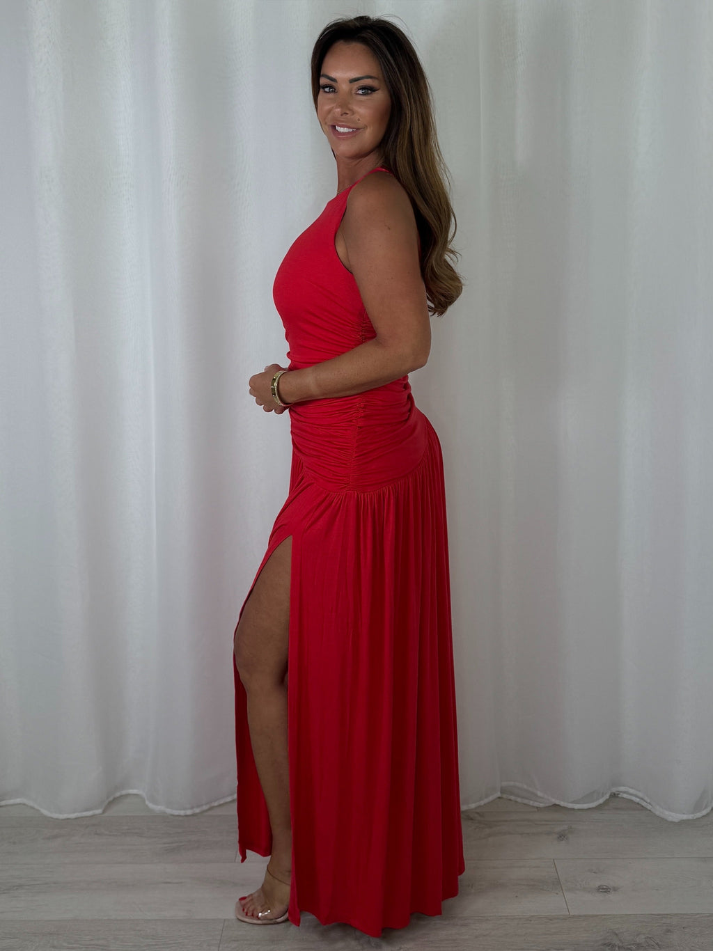 Round Neck Ruched Gold Buckle Side Split Maxi Dress (6 Colours)