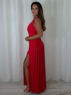 Round Neck Ruched Gold Buckle Side Split Maxi Dress (6 Colours)