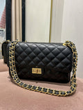 Large Genuine Leather Quilted Turn Lock Chain Handle Handbag (8 Colours)