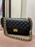 Large Genuine Leather Quilted Turn Lock Chain Handle Handbag (8 Colours)
