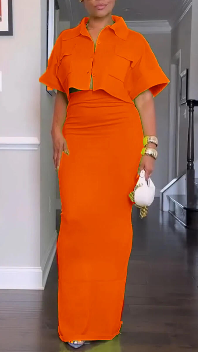 Ladies' Lapel Short Top+skirt Commuting Style Set