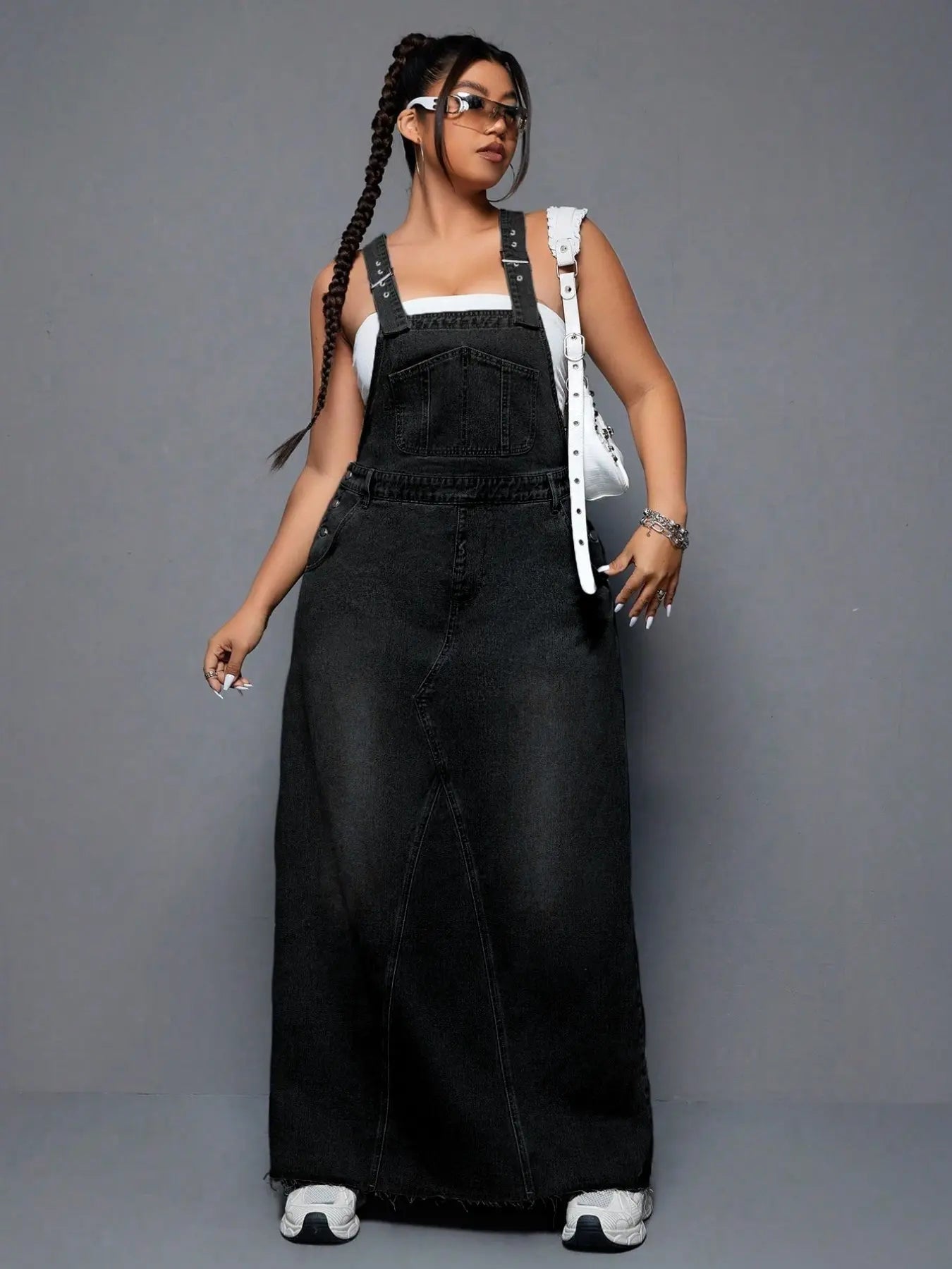 Plus Size Women's Summer Punk Casual Style Frayed Denim Strap Dress, Essential for Daily Outings, Trendy and Comfortable Long Skirt