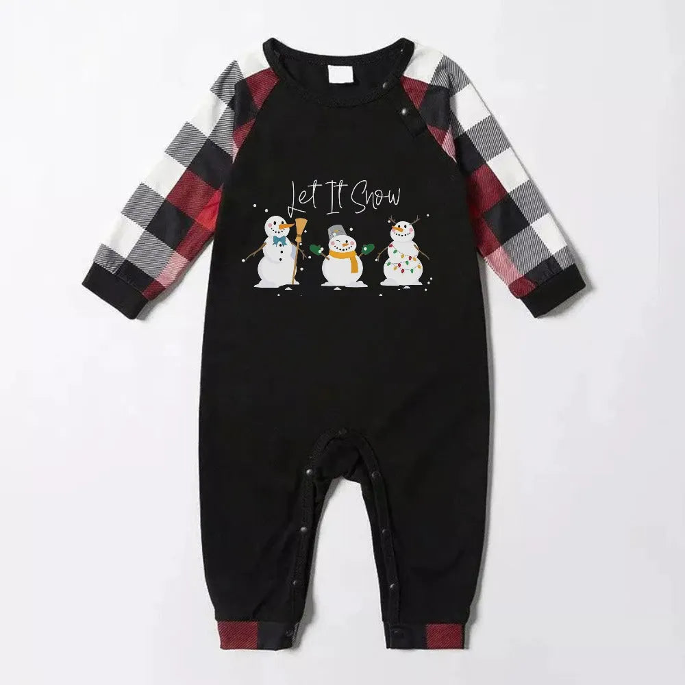 Christmas Family Matching Pajamas-Red and Gray Plaid Pjs set with "Let It Snow" and Christmas Snowman Pattern Colorful Print