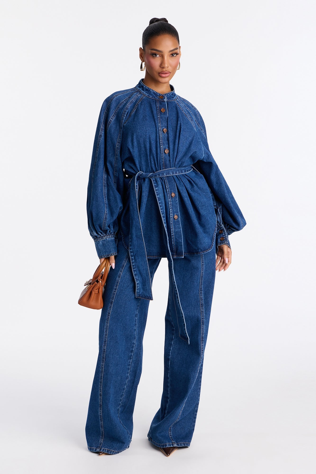 Gemma Tie Waist Denim Pant Set - Dark Wash