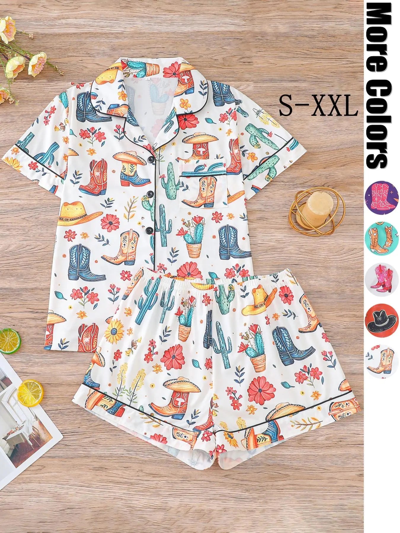 Women's All Over Cowboy Print Lapel Neck Button Front Pajama