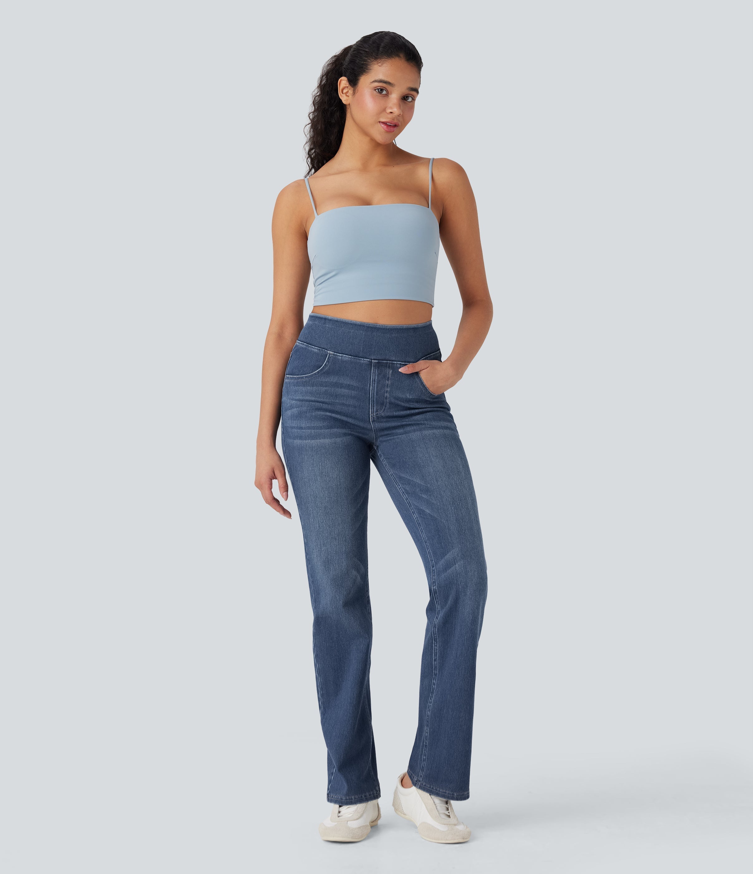 FlexTM High Waisted Tummy Control Washed Casual Bootcut Jeans with Pockets