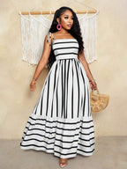 Women's Blue And White Stripe Flowing Maxi Dress,Summer Elegant Holiday Tea Party Holiday,Shoulder Straps Chest Gathering,Beach Casual Gown