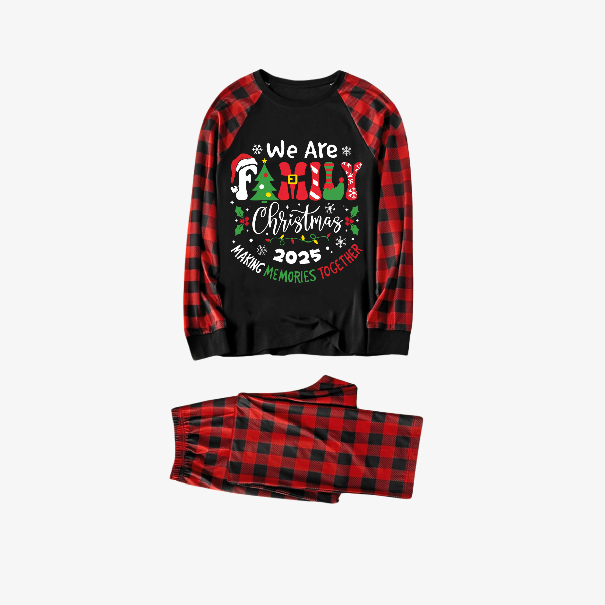 "We are Family 2025 Christmas Make Memories Together" Slogan Print Black & Red Plaid Family Matching Black Pajamas