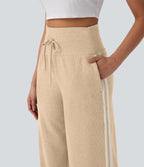 2026🔥 Ribbed SoCinched High Waisted Tummy Control Drawstring Wide Leg Color Block Casual Trousers with Pockets