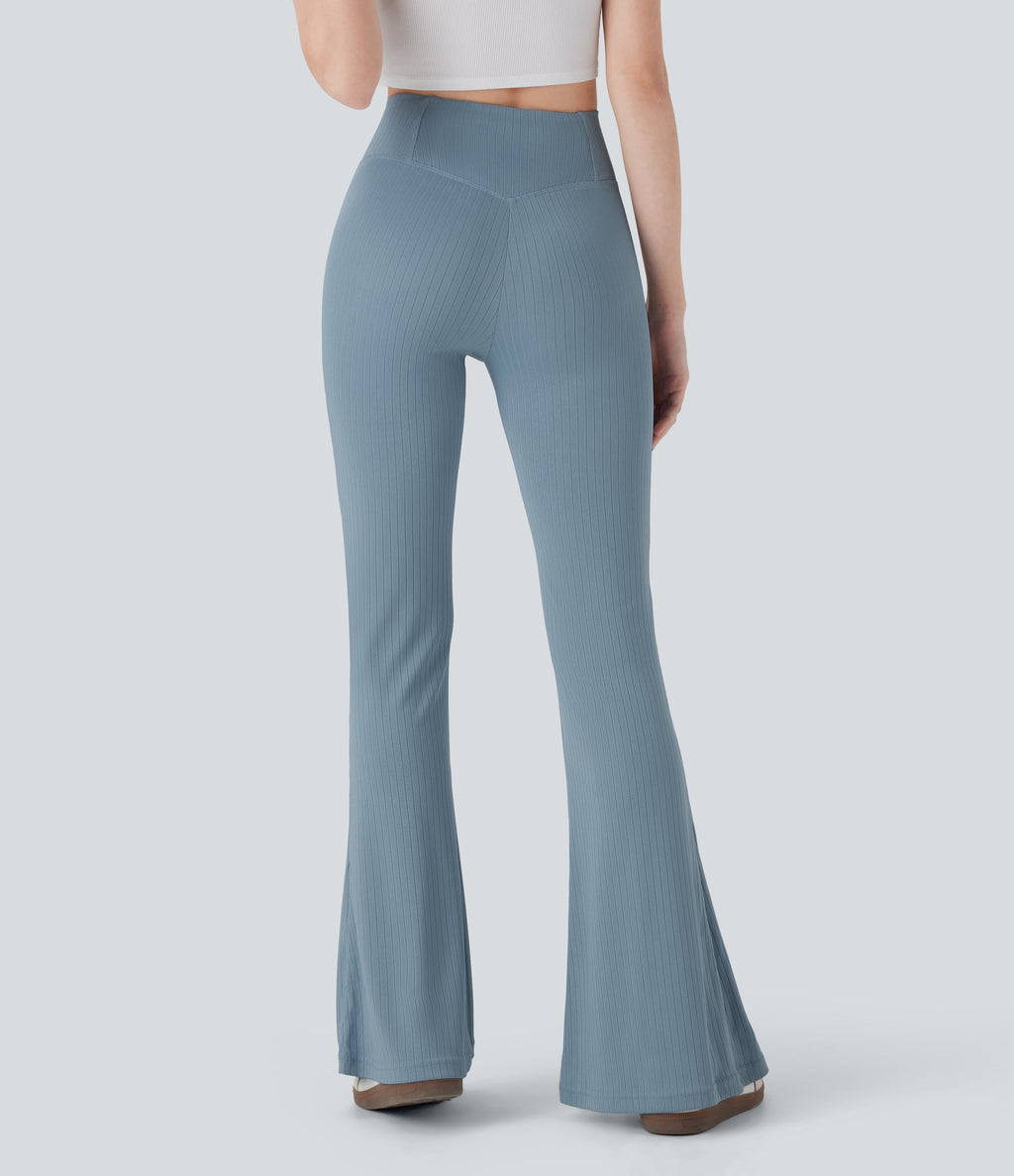 Ribbed Knit Crossover High Waisted Casual Flare Pants with Pocket