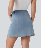 FlexTM Mid Rise A Line Stretchy Knit Denim Mini Casual Skirt with Pockets