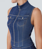 FlexTM Stand Collar Zipper Cool Touch Washed Denim Tennis Tank Top