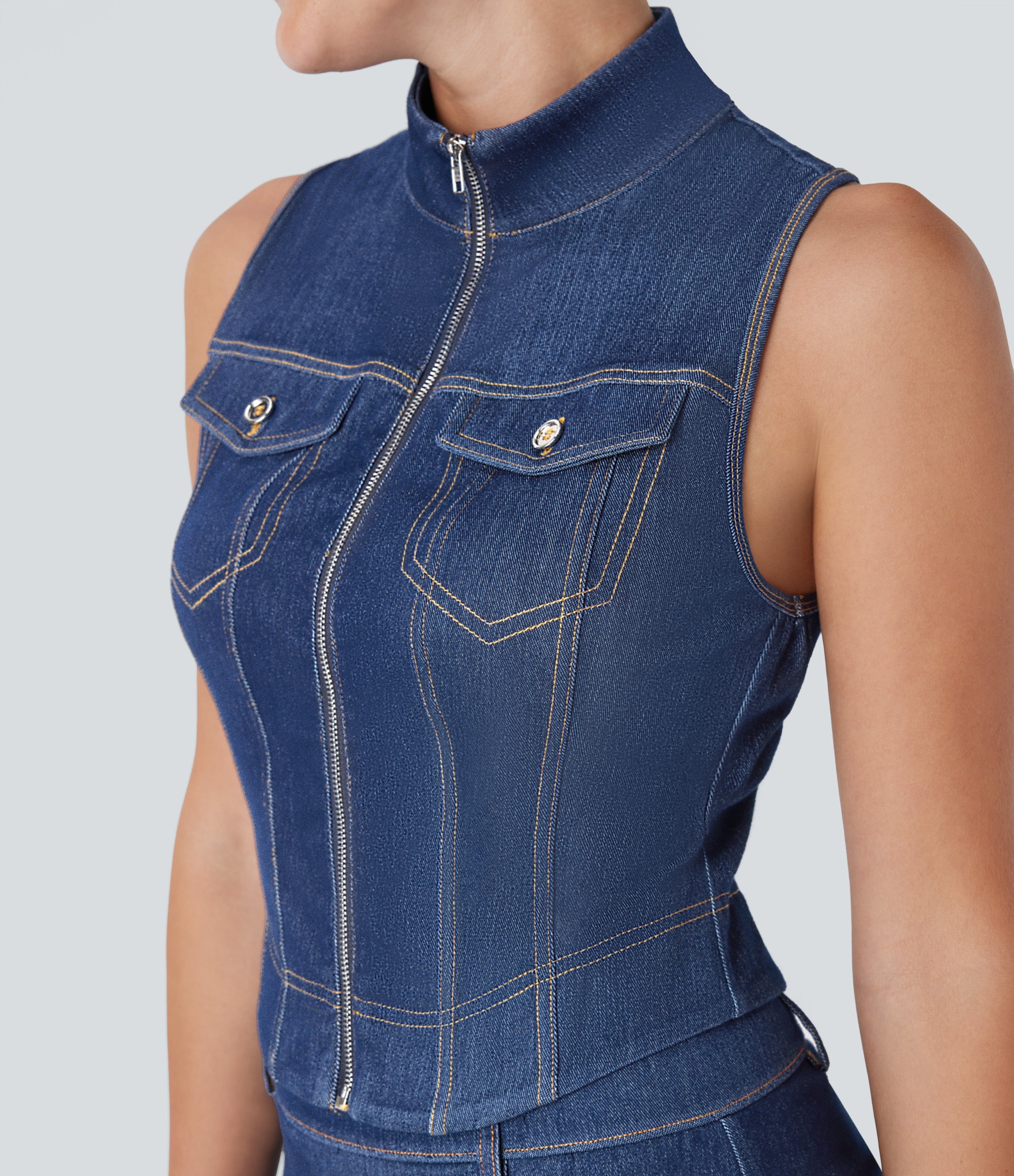 FlexTM Stand Collar Zipper Cool Touch Washed Denim Tennis Tank Top
