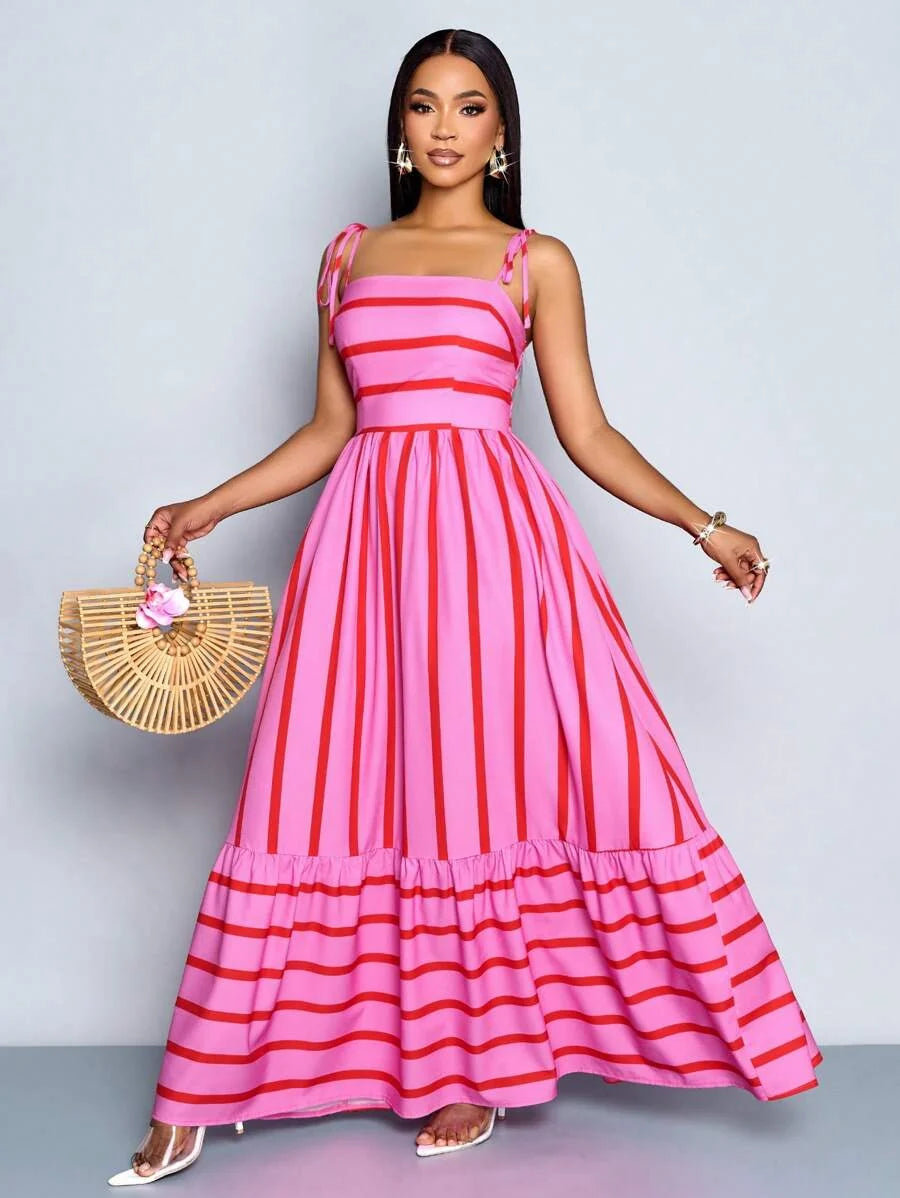 Women's Blue And White Stripe Flowing Maxi Dress,Summer Elegant Holiday Tea Party Holiday,Shoulder Straps Chest Gathering,Beach Casual Gown