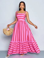 Women's Blue And White Stripe Flowing Maxi Dress,Summer Elegant Holiday Tea Party Holiday,Shoulder Straps Chest Gathering,Beach Casual Gown