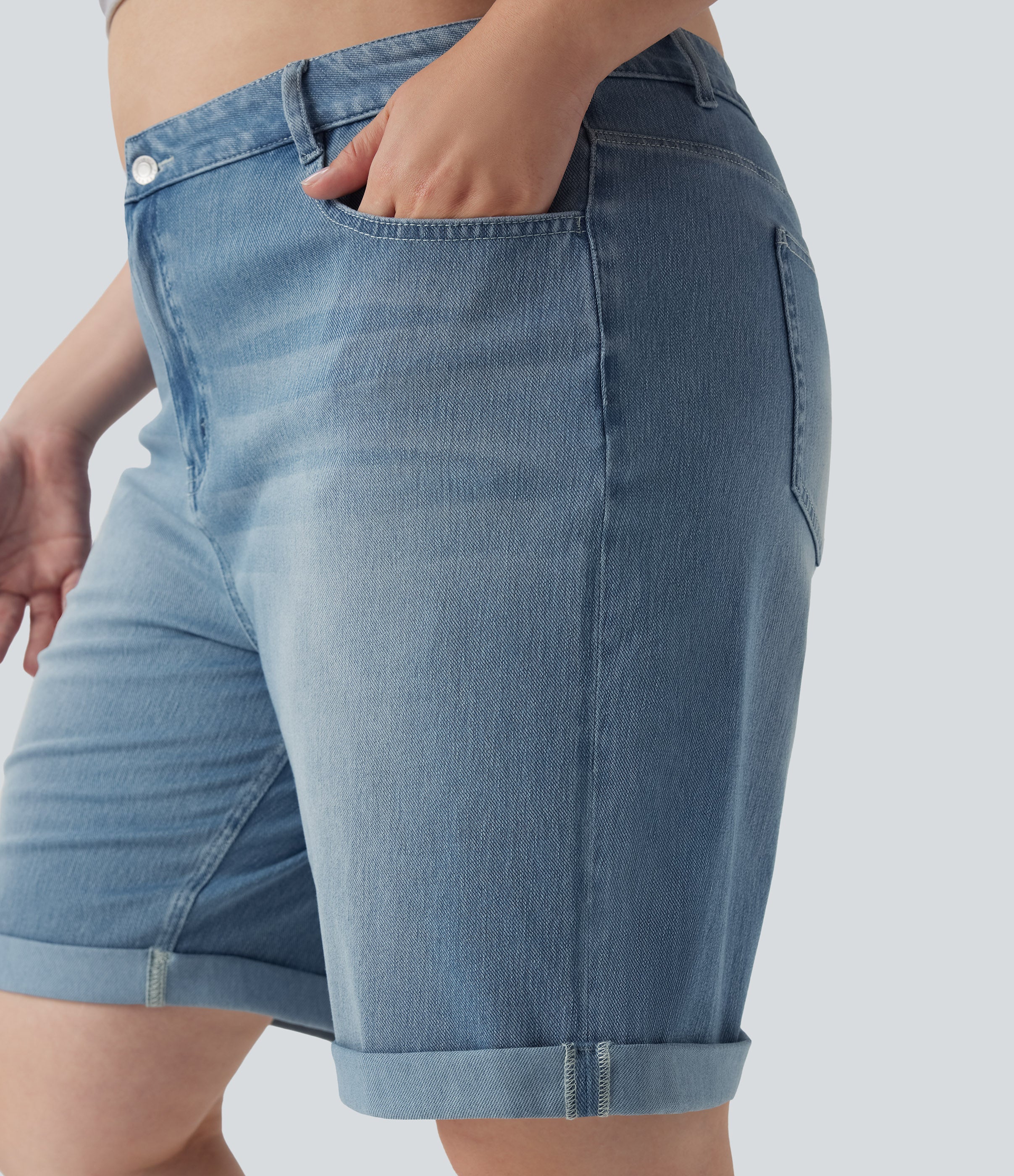 FlexTM High Waisted Multiple Pockets Rolled Hem Washed Stretchy Knit Denim Casual Plus Size Bermuda Shorts