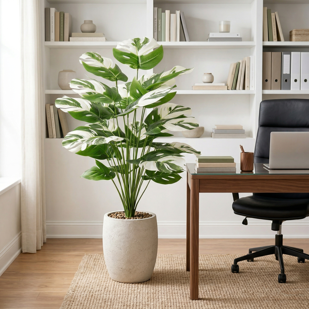 Faux Variegated Monstera Plant in Pot – 24-Head Artificial Greenery for Living Room, Bedroom, Entryway & Office