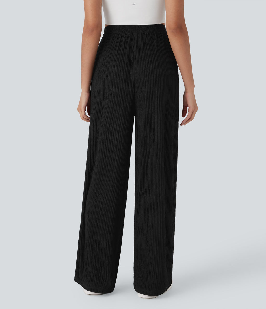 High Waisted Straight Leg Crinkle Casual Pants with Pockets