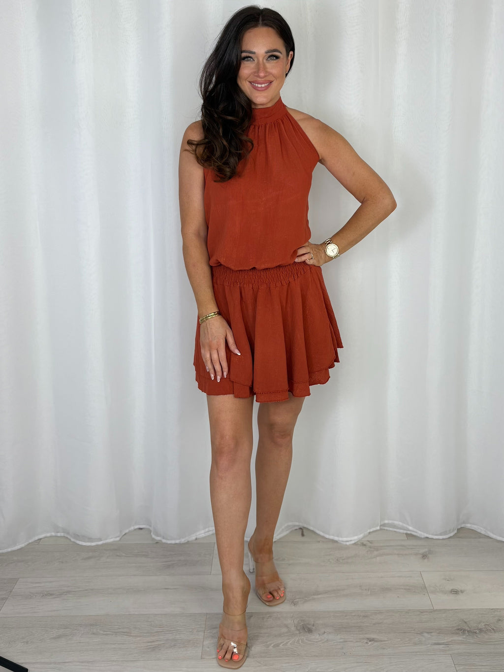 Halter Neck Crinkle/Shimmer Mini Dress (7 Colours)