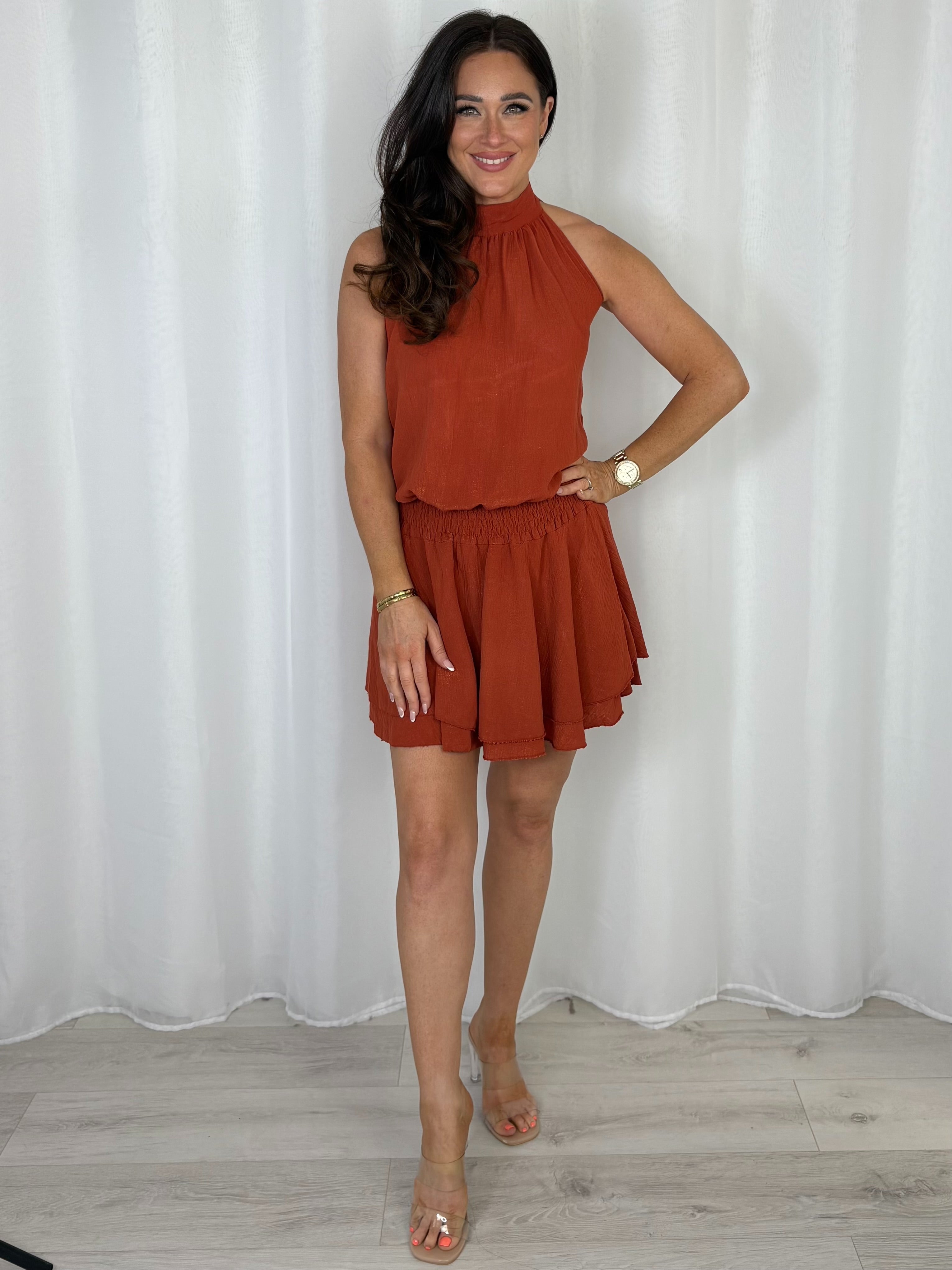 Halter Neck Crinkle/Shimmer Mini Dress (7 Colours)