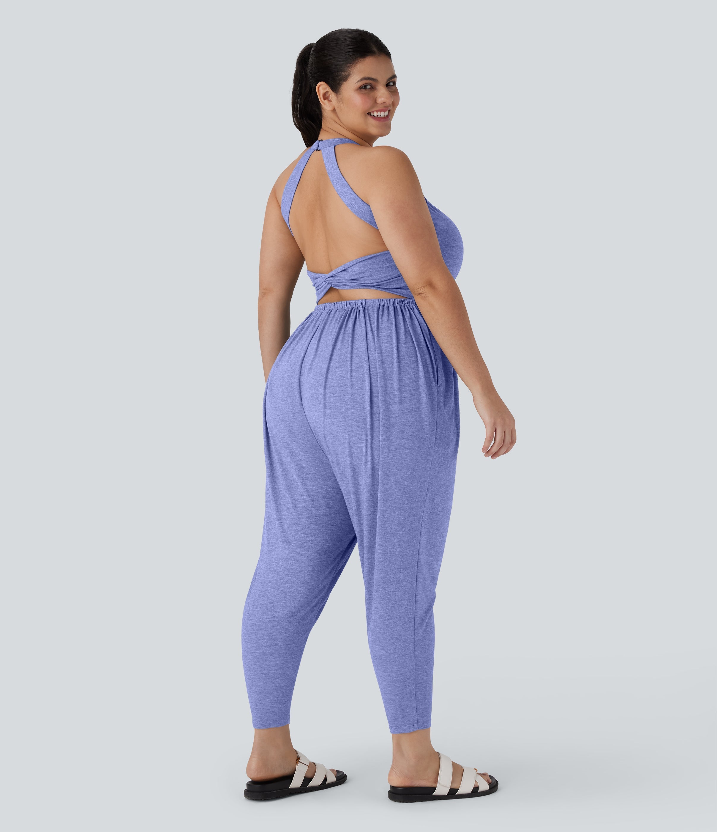Backless Twisted Harem Casual Plus Size Jumpsuit with Side Pocket-Easy Peezy Edition