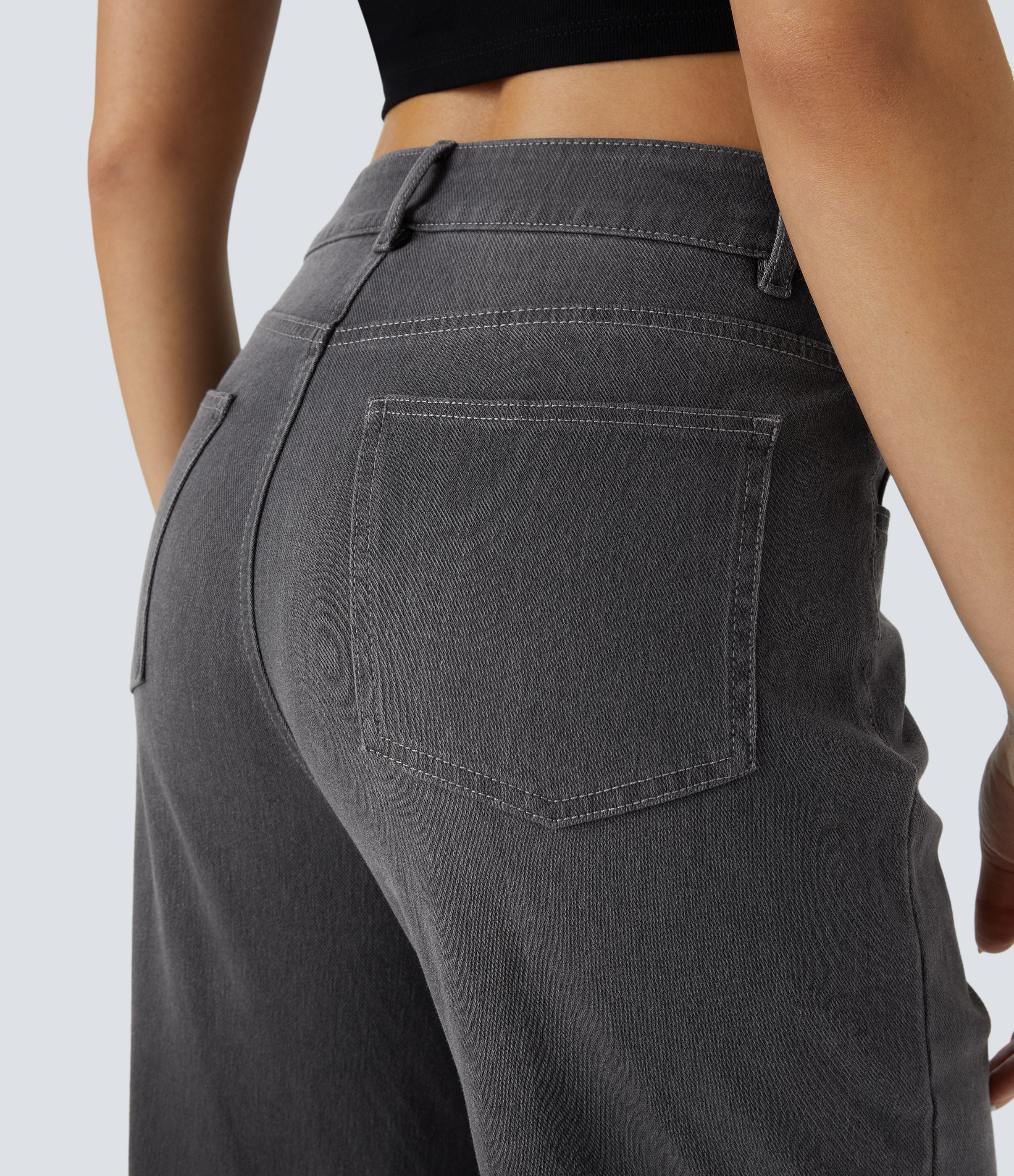 FlexTM High Waisted Multiple Pockets Rolled Hem Wide Leg Washed Stretchy Knit Casual Jeans