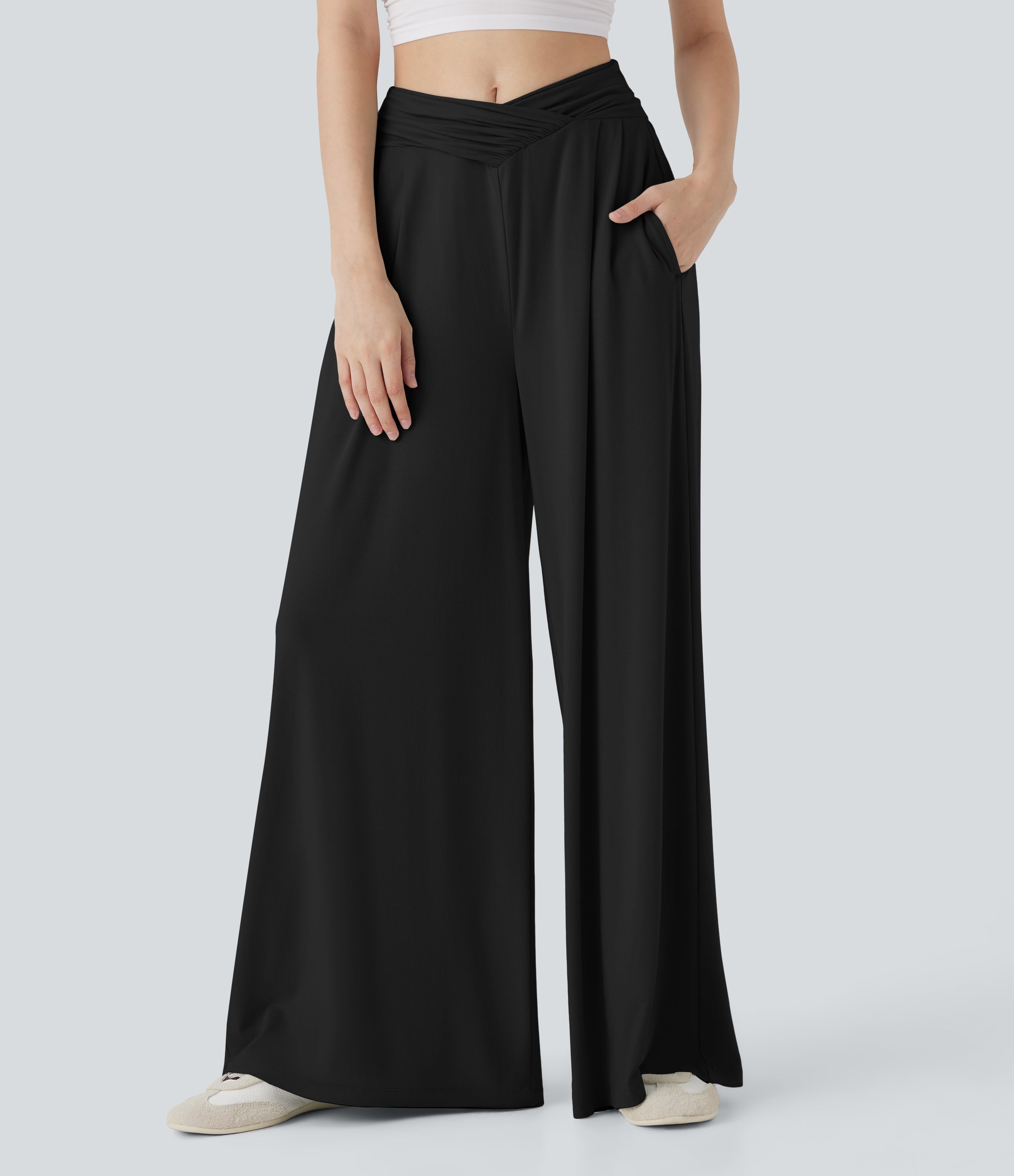 Mid Rise Crossover Ruched Wide Leg Casual Pants with Pockets