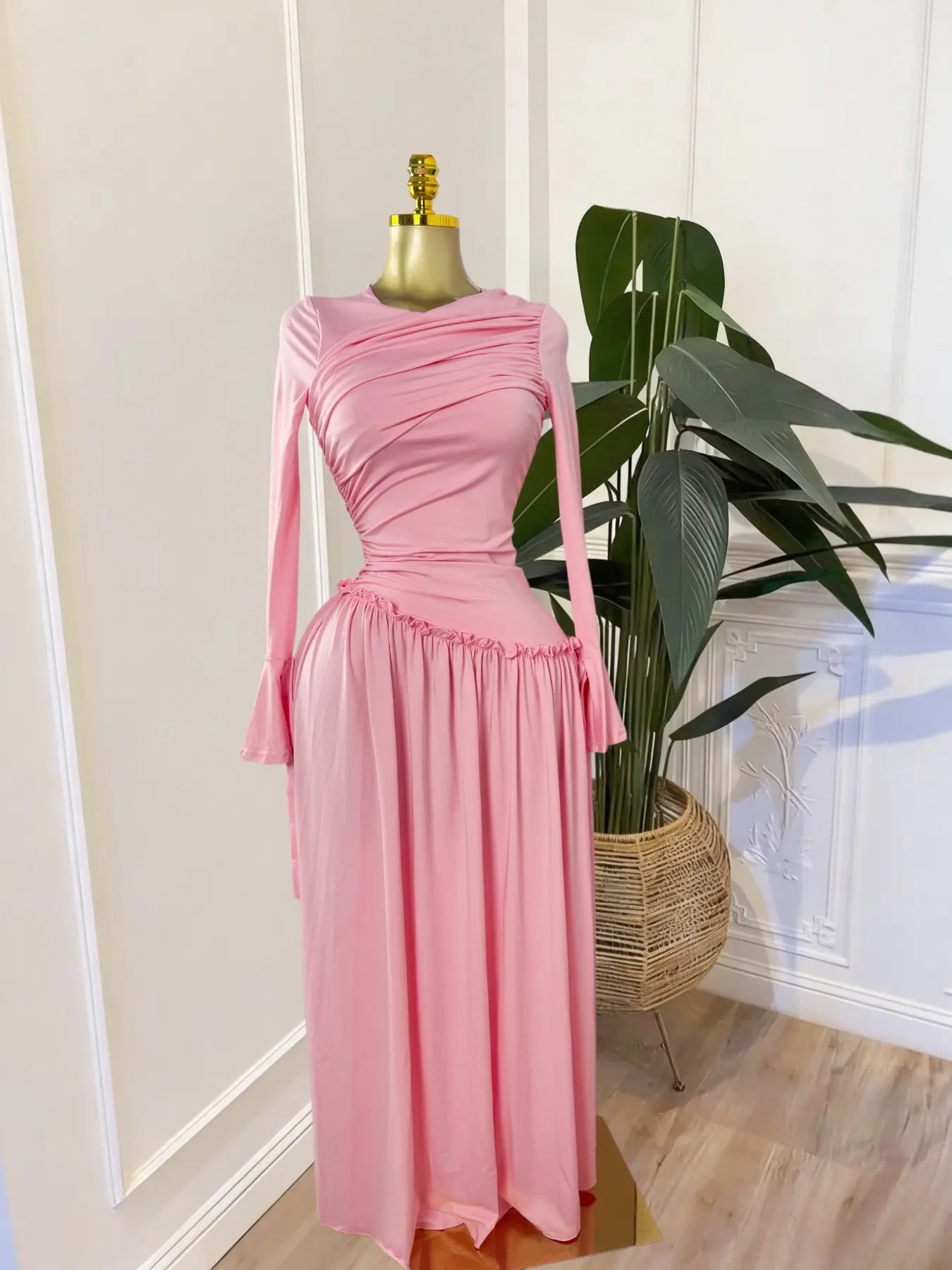 Elegant Chic Women's Long Sleeve O-Neck Big Swing Maxi Dress Woven, Fall & Winter Wear, Sweet Holiday Birthday Party Sexy Dress, Casual Style