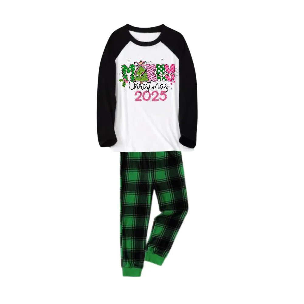Black Raglan Top Green Plaid Christmas Pajamas Set With Merry Christmas 2025 Holiday Text