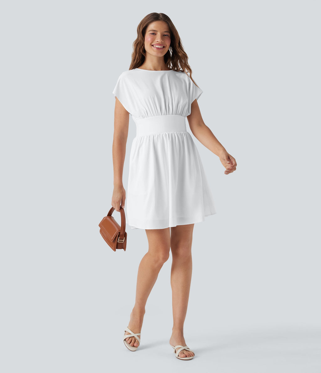 BreezefulTM Batwing Short Sleeve Flowy Quick Dry Mini Work Dress with Pockets