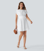 BreezefulTM Batwing Short Sleeve Flowy Quick Dry Mini Work Dress with Pockets