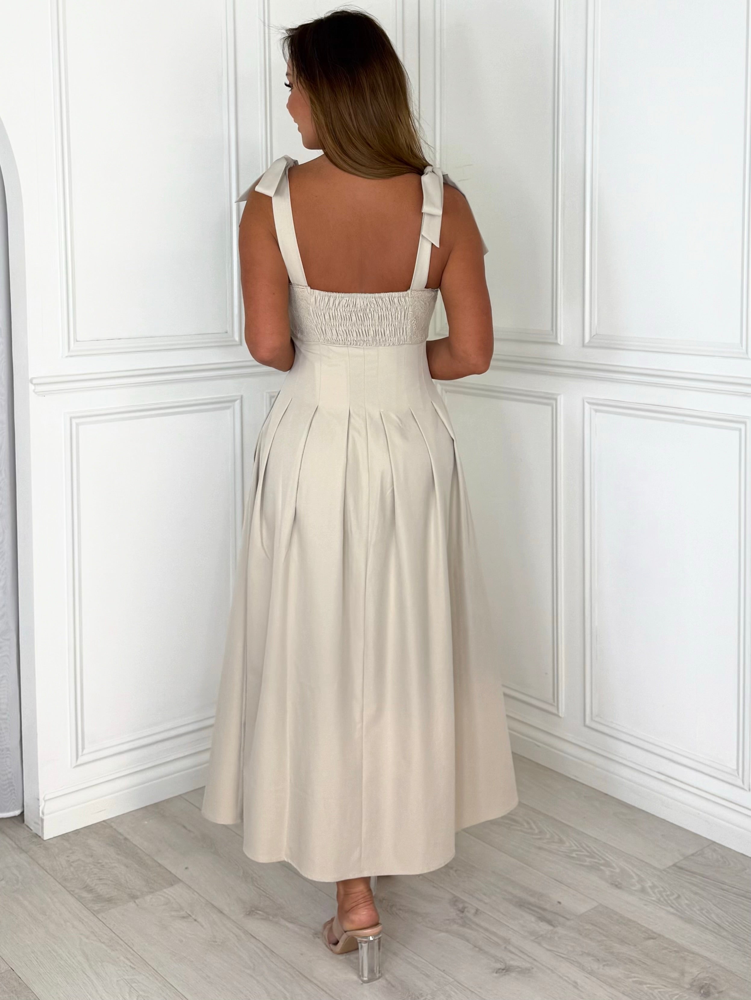 Riviera - Lace Tie-Shoulder Midi Dress (Beige)