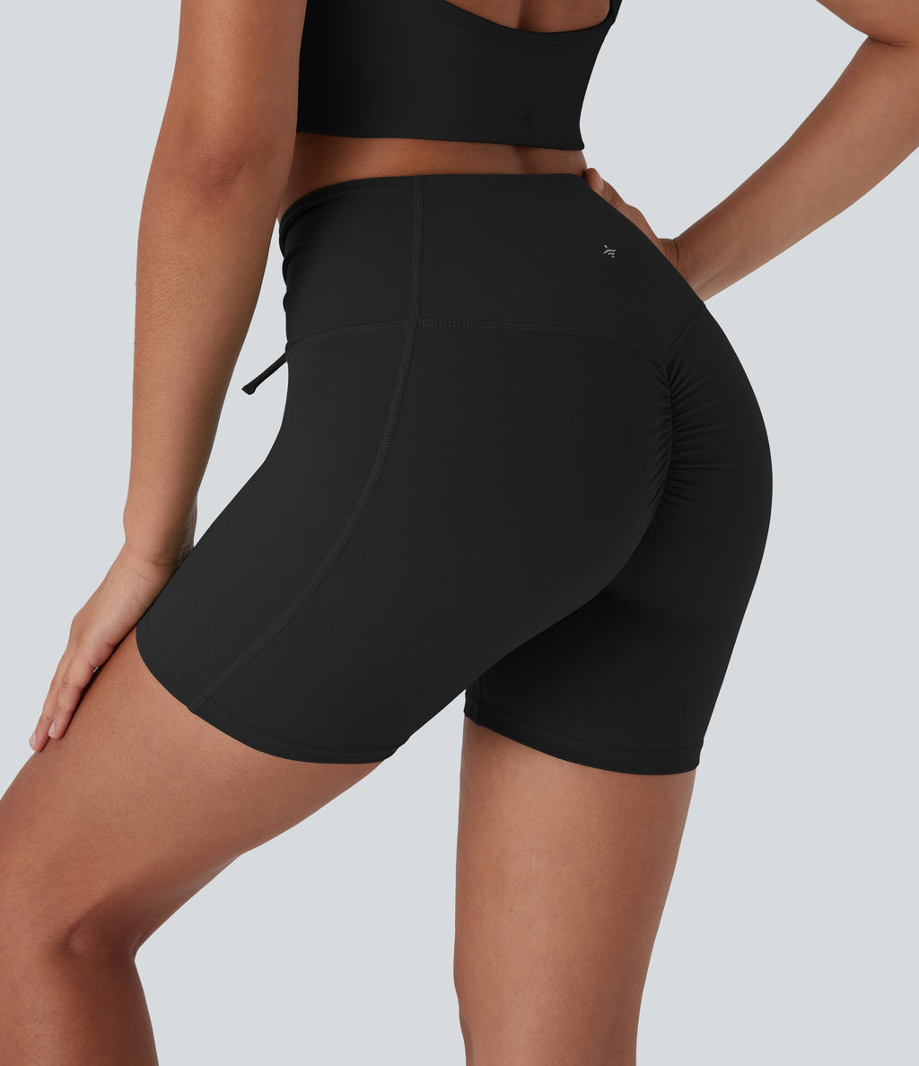 UltraSculptTM High Waisted Drawstring Ruched Yoga Biker Shorts 5'' with Pocket