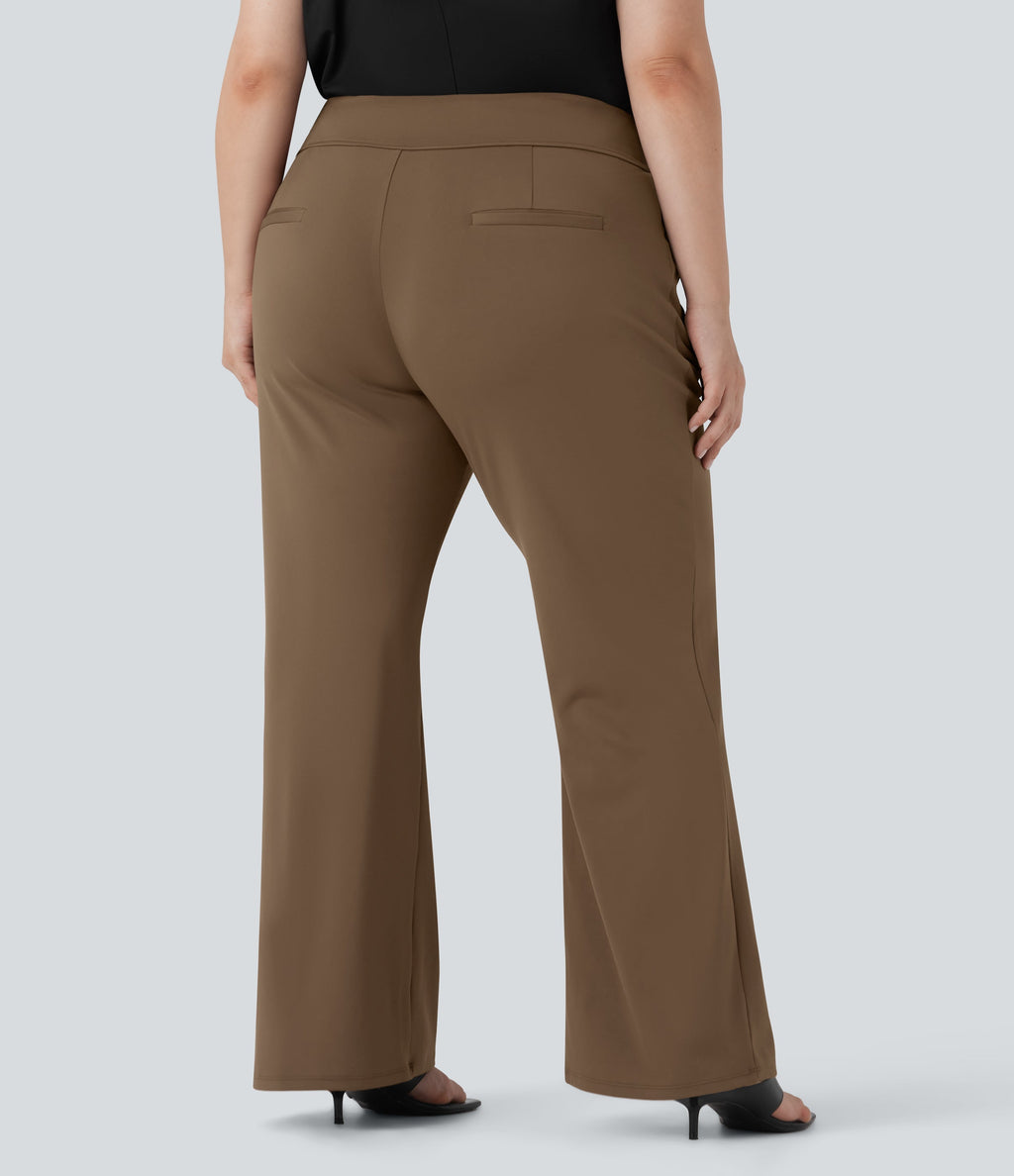 Plus Size FlexTM High Waisted Work Flare Pants with Side Zip Pockets