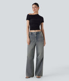 FlexTM Low Rise Wide Leg Washed Casual Jeans with Pockets