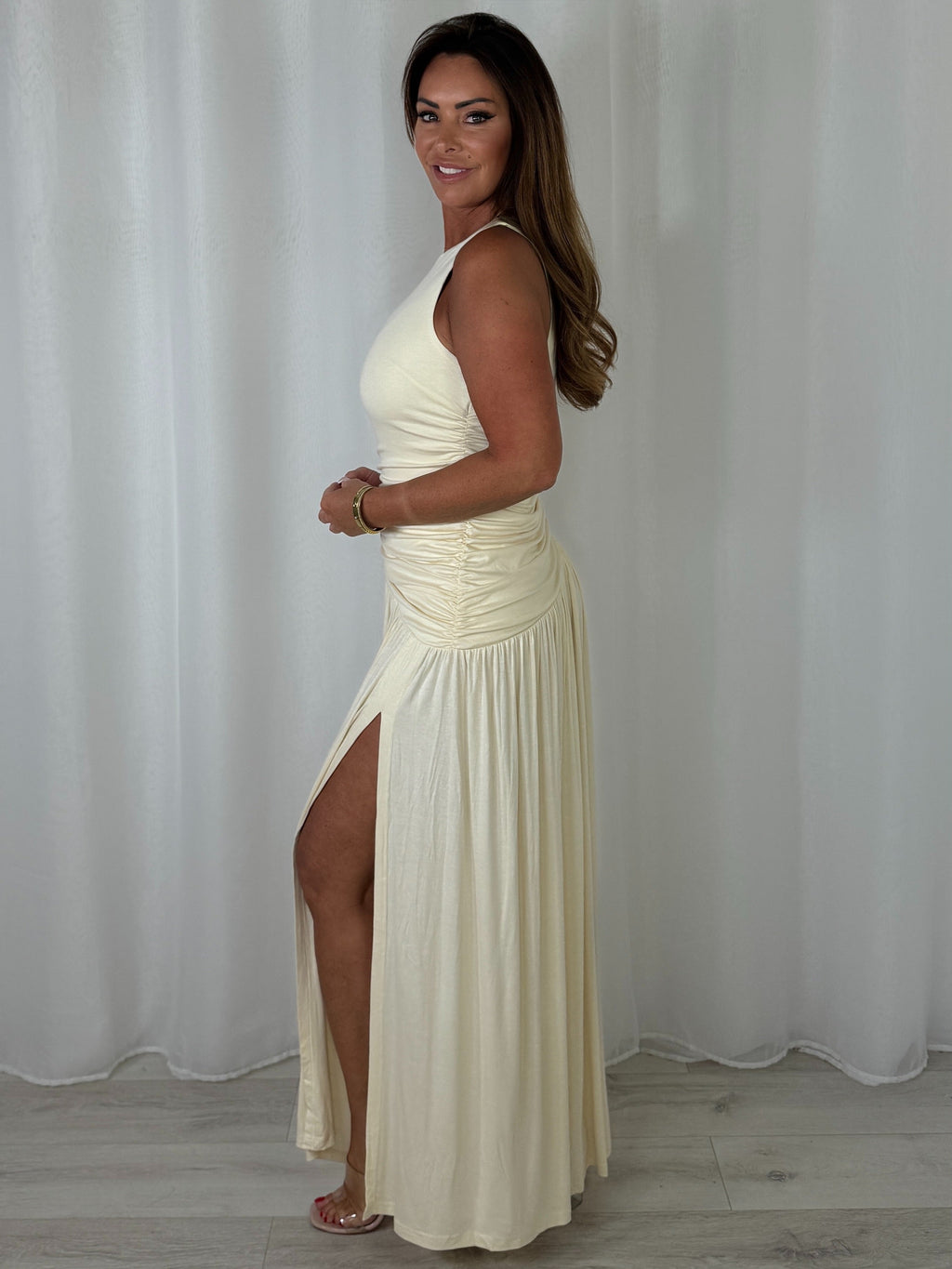 Round Neck Ruched Gold Buckle Side Split Maxi Dress (6 Colours)
