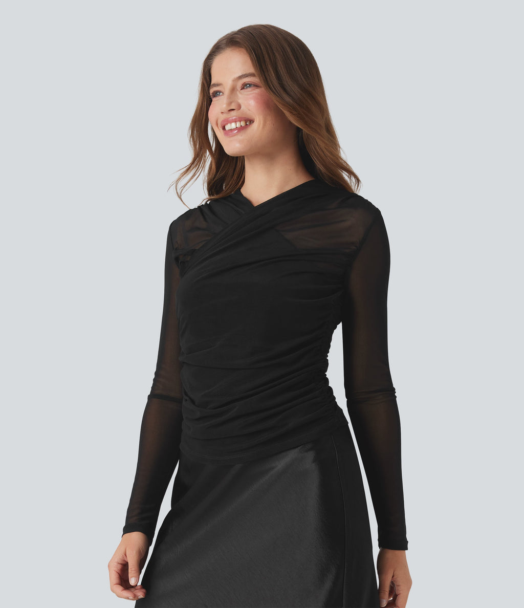Sheer Mesh Crossover V Neck Ruched Casual Top