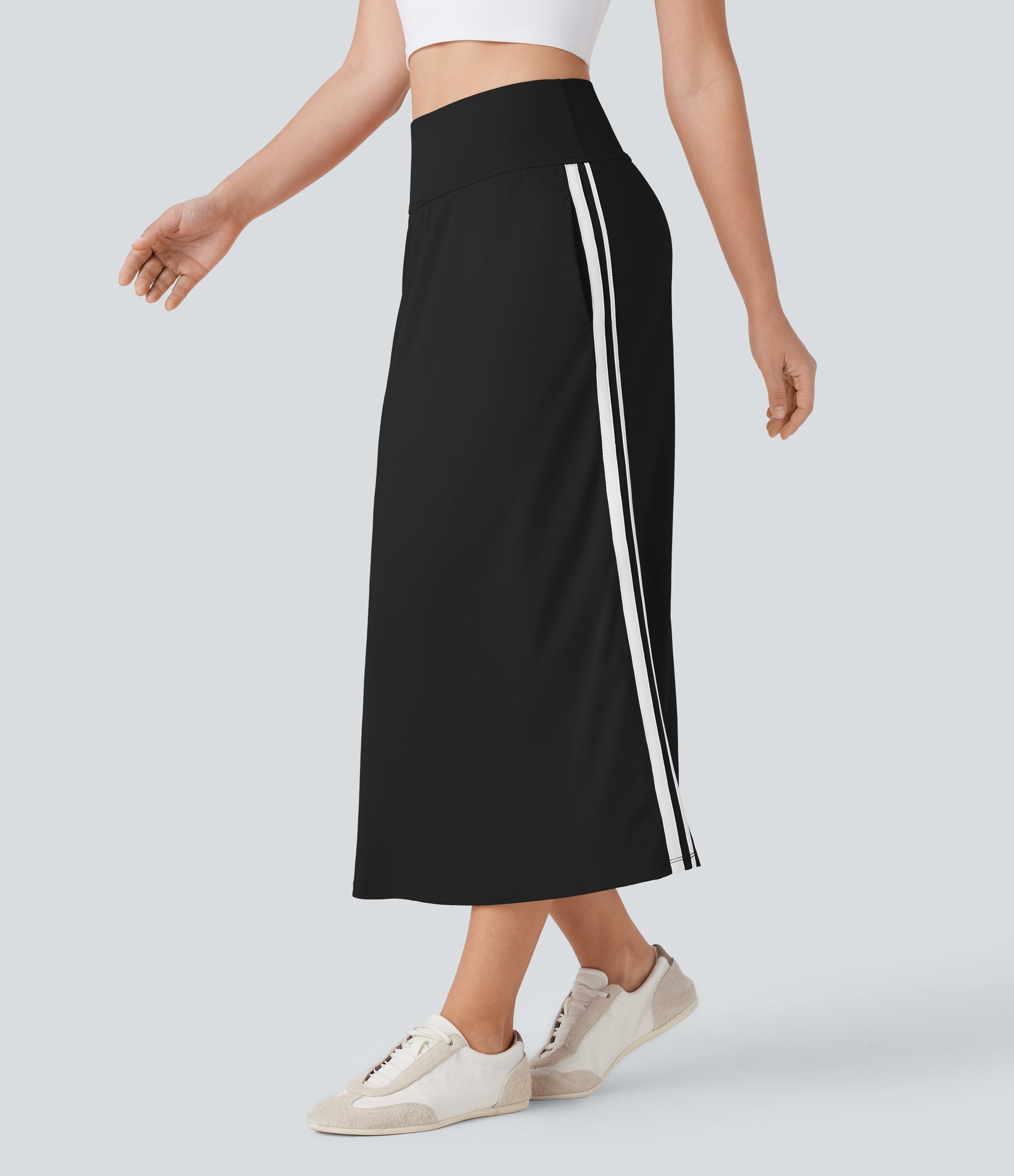 SoftlyZeroTM QuickDry SoCinched High Waisted Tummy Control 2-in-1 Color Block Midi Workout Skirt with Pockets
