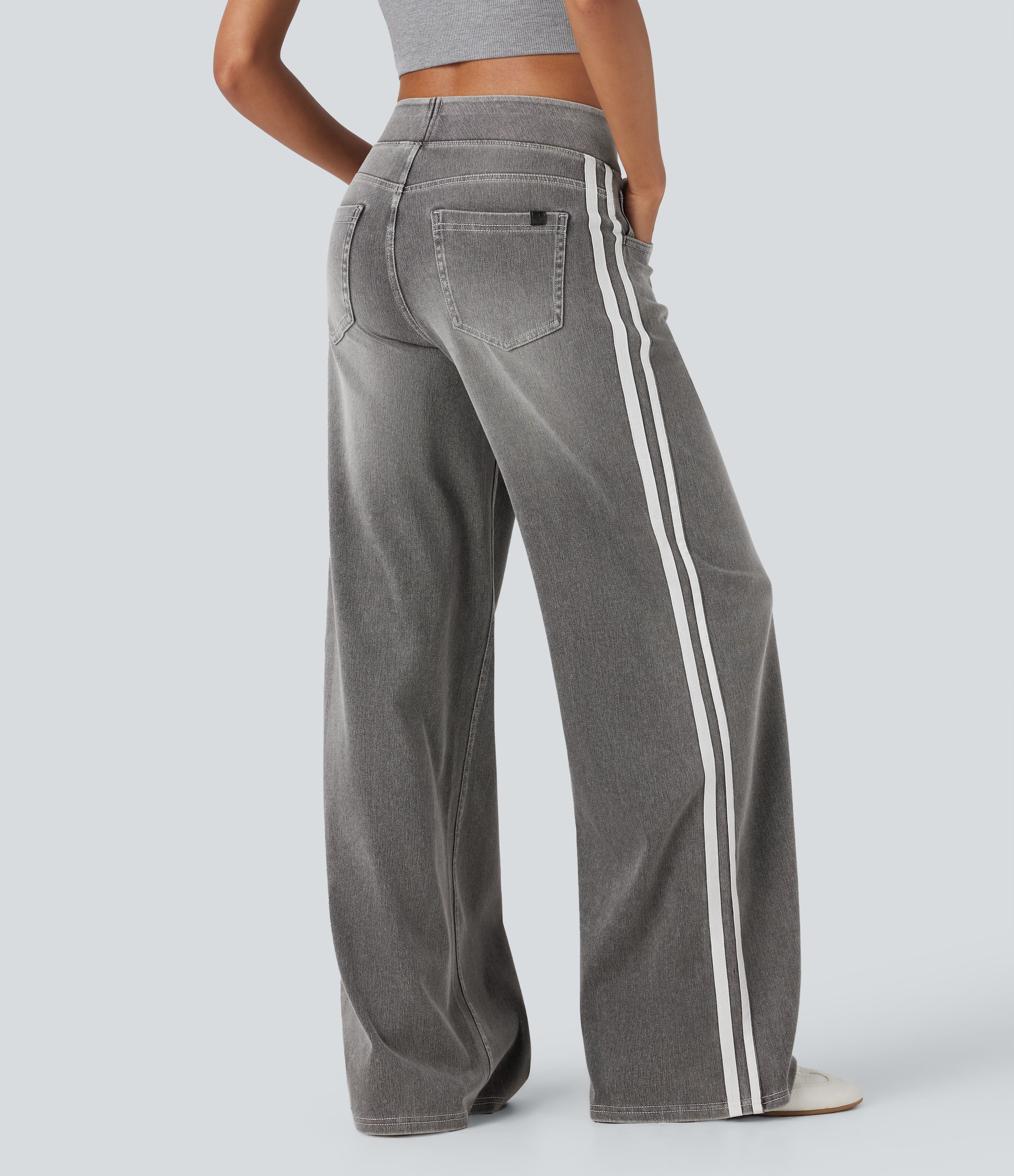FlexTM High Waisted Stripe Wide Leg Flowy Washed Casual Jeans with Pockets
