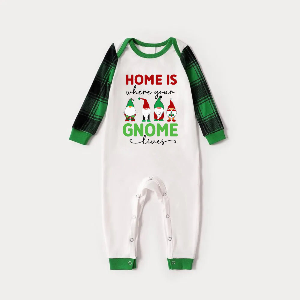 Green Raglan Top Green Plaid Christmas Pajamas Set With Christmas Gnome Print