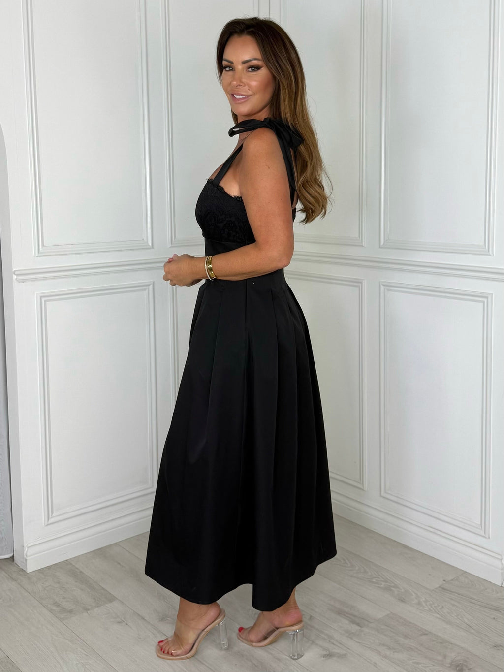 Riviera - Lace Tie-Shoulder Midi Dress (Black)
