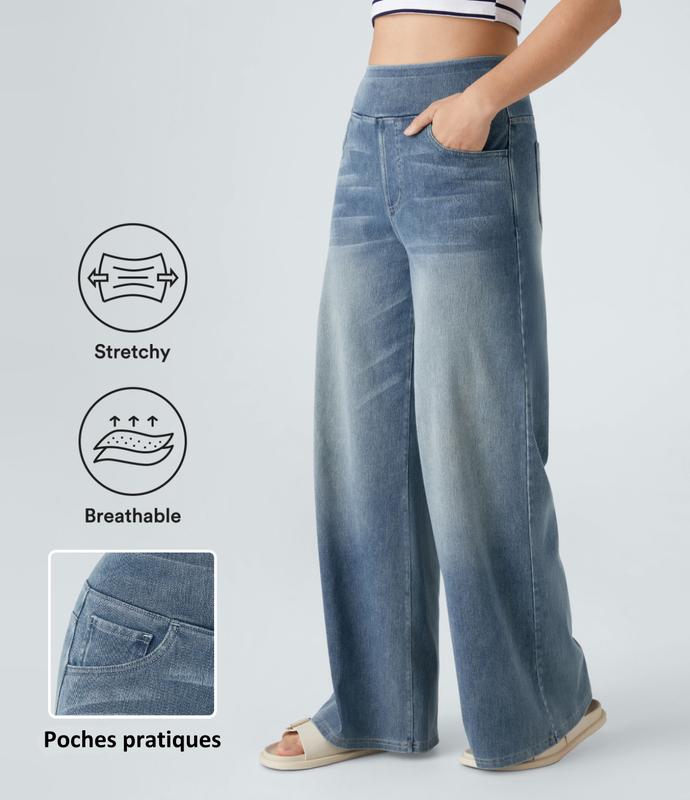 2026🔥 FlexTM High Waisted Multiple Pockets Baggy Wide Leg Washed Stretchy Knit Casual Jeans