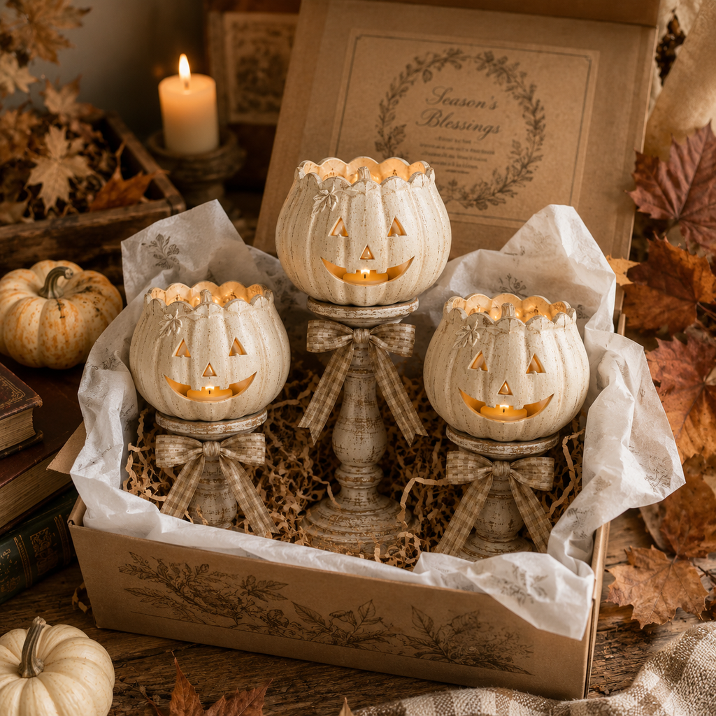 Harvest Glow White Pumpkin Tealight Holders – Set of 3