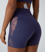 SoftlyZeroTM High Waisted Crossover Contrast Lace Built-in Underwear Yoga Biker Shorts 5'' with Pocket-UPF50+