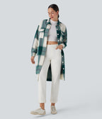 Plaid Curved Hem Longline Casual Jacket with Pockets