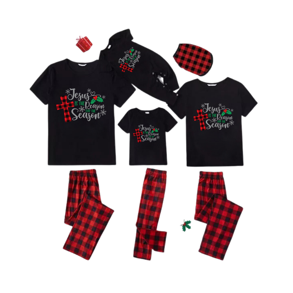 Jesus is the Reason Family Pajamas Set - Black Top Red Pants Red Plaid Sleeves Cross and Snowflake Print