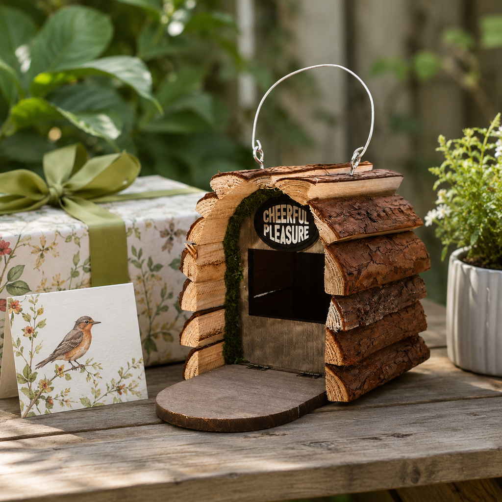 Rustic Hanging Wooden Birdhouse with Natural Bark Roof – Outdoor Garden Bird Nest Box