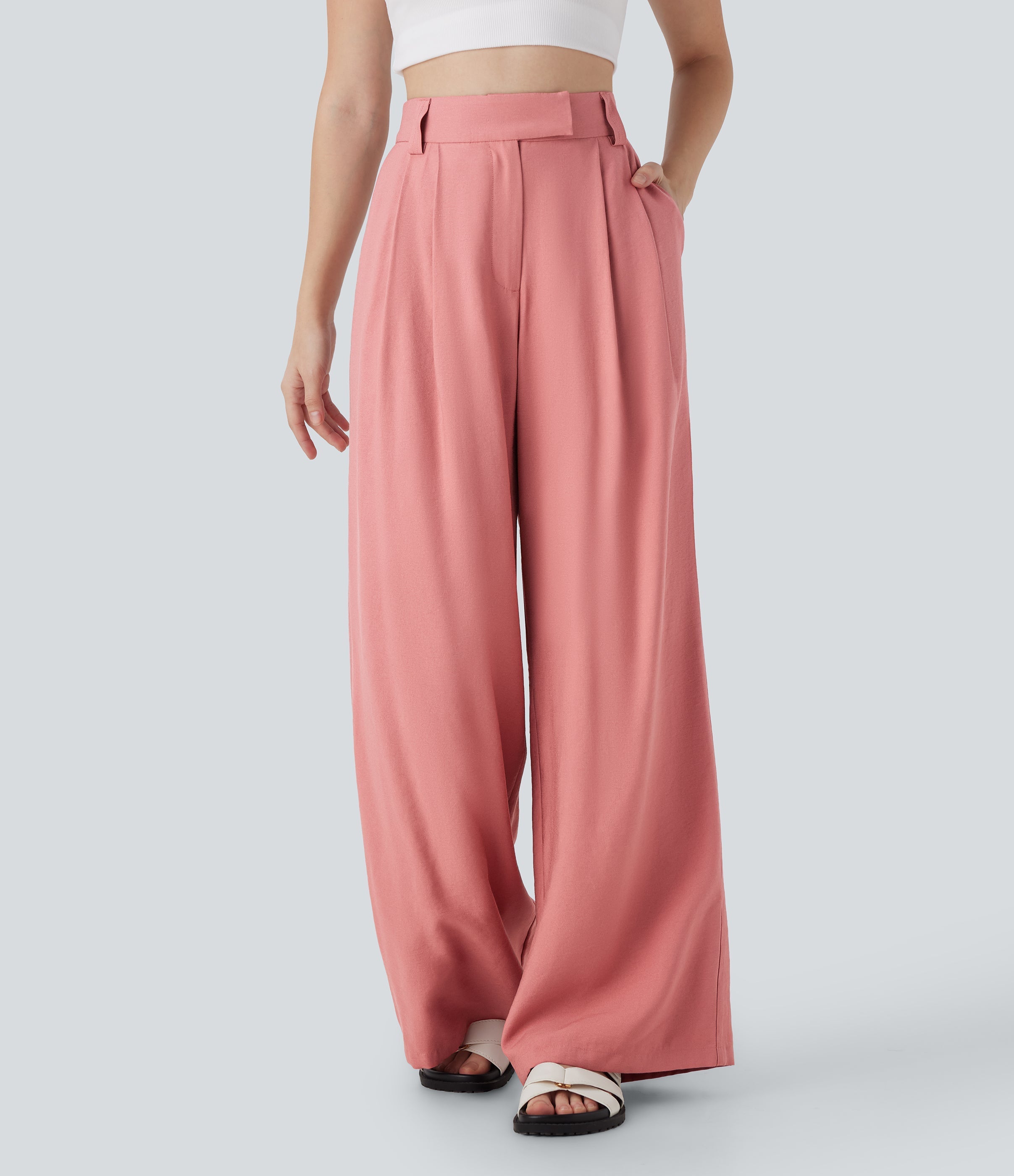 Mid Rise Wide Leg Casual Linen-Feel Pants with Pockets