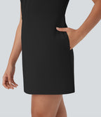 FlexTM V Neck Pleated Sleeveless Mini Micro Waffle Work Dress with Pockets