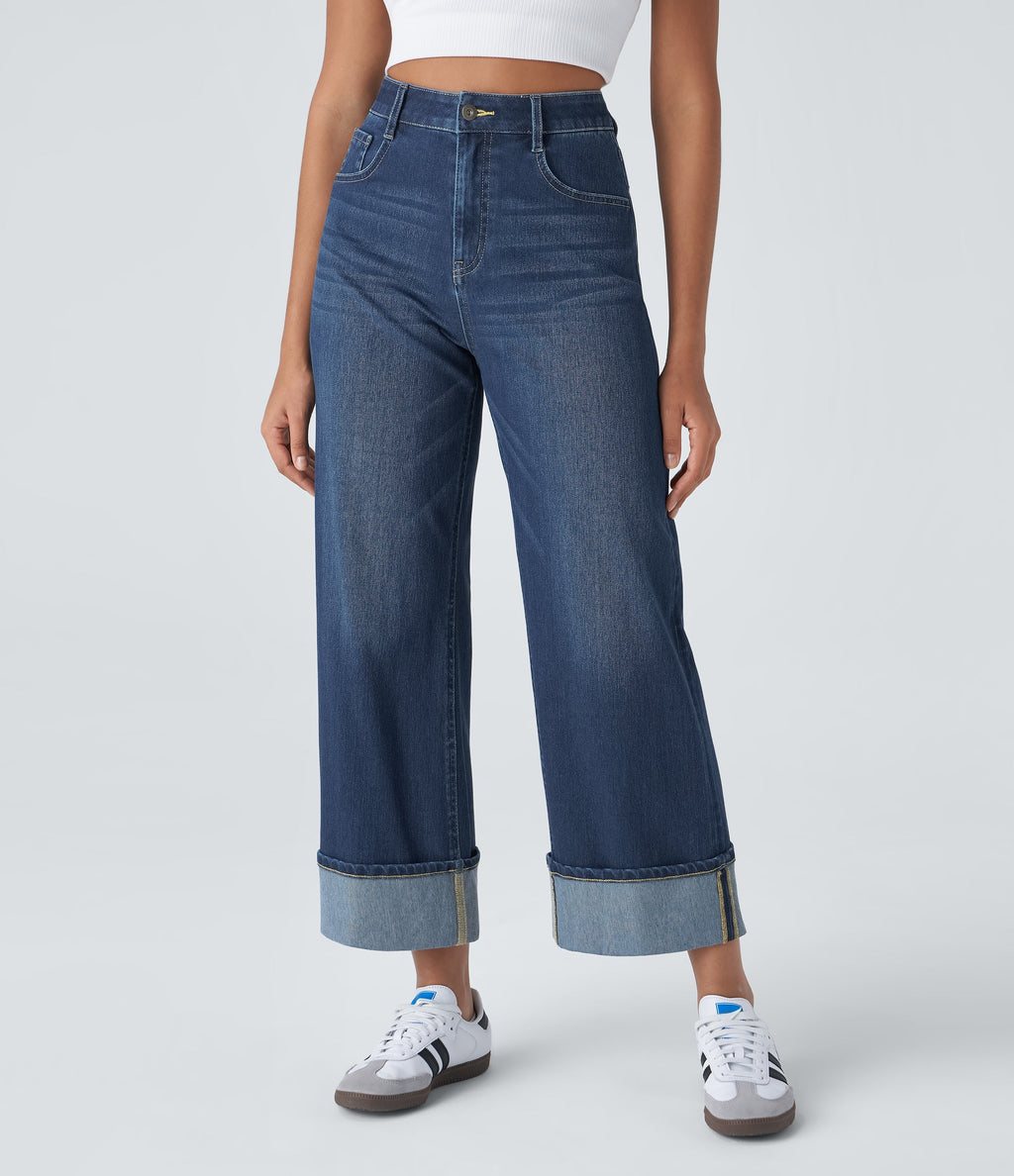 FlexTM High Waisted Multiple Pockets Rolled Hem Wide Leg Washed Stretchy Knit Casual Jeans